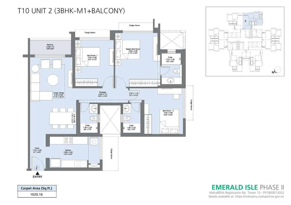 T10 Unit 2 (3BHK-M1+Balcony) - Emerald Isle